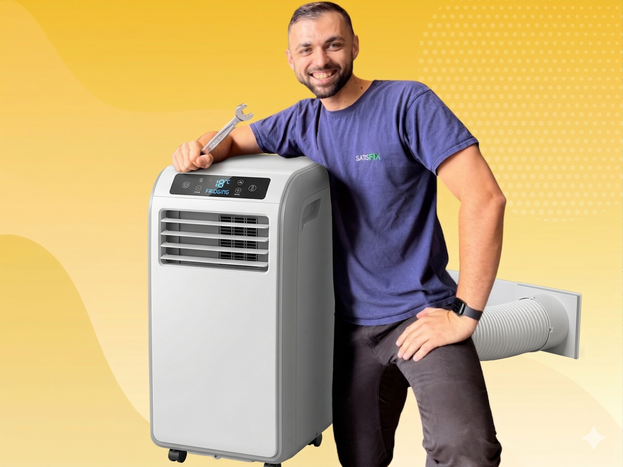 Technicien Satisfix réparant un climatiseur mobile à domicile à Lyon
