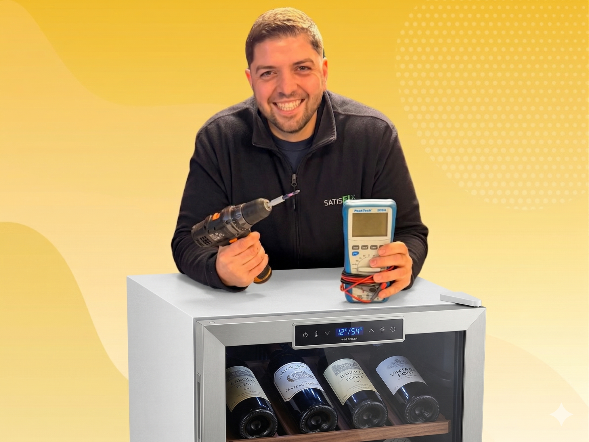 Diagnostic de cave à vin avec multimètre par un réparateur Satisfix à Lyon